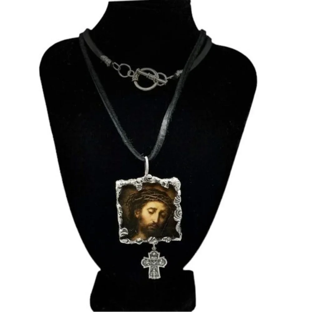 Suffering Christ Painting by Bartolomé Esteban Murillo Glass Hand Solder Pendant - Picture 9 of 15